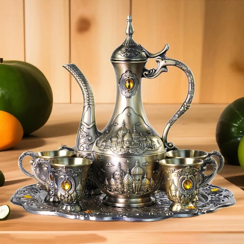 New Arrival Elegant Bronze White Wine Set Court Wine Jug Cups Plate Set Home Bar Exquisite Decor