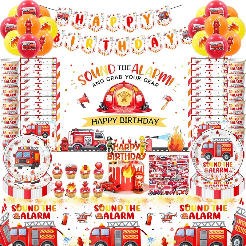 Firefighter Fire Truck Birthday Decoration Party Supplies Set Fire Engine Theme Plates Cake Topper Balloon Backdrop Banner Decor