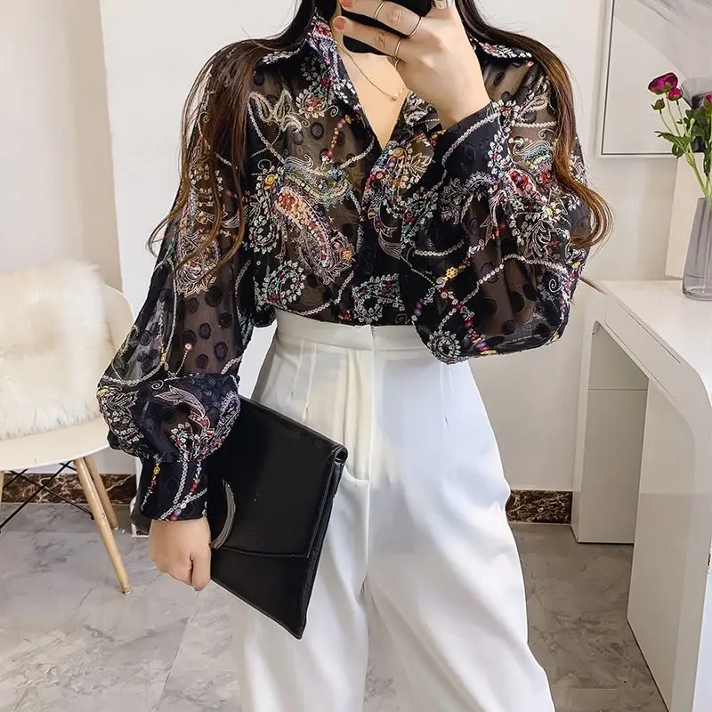 2024 New Spring and Autumn Streetwear Chiffon Blouses Long Sleeved Loose Lantern Sleep Polo Collar Printed Women's Shirt Top