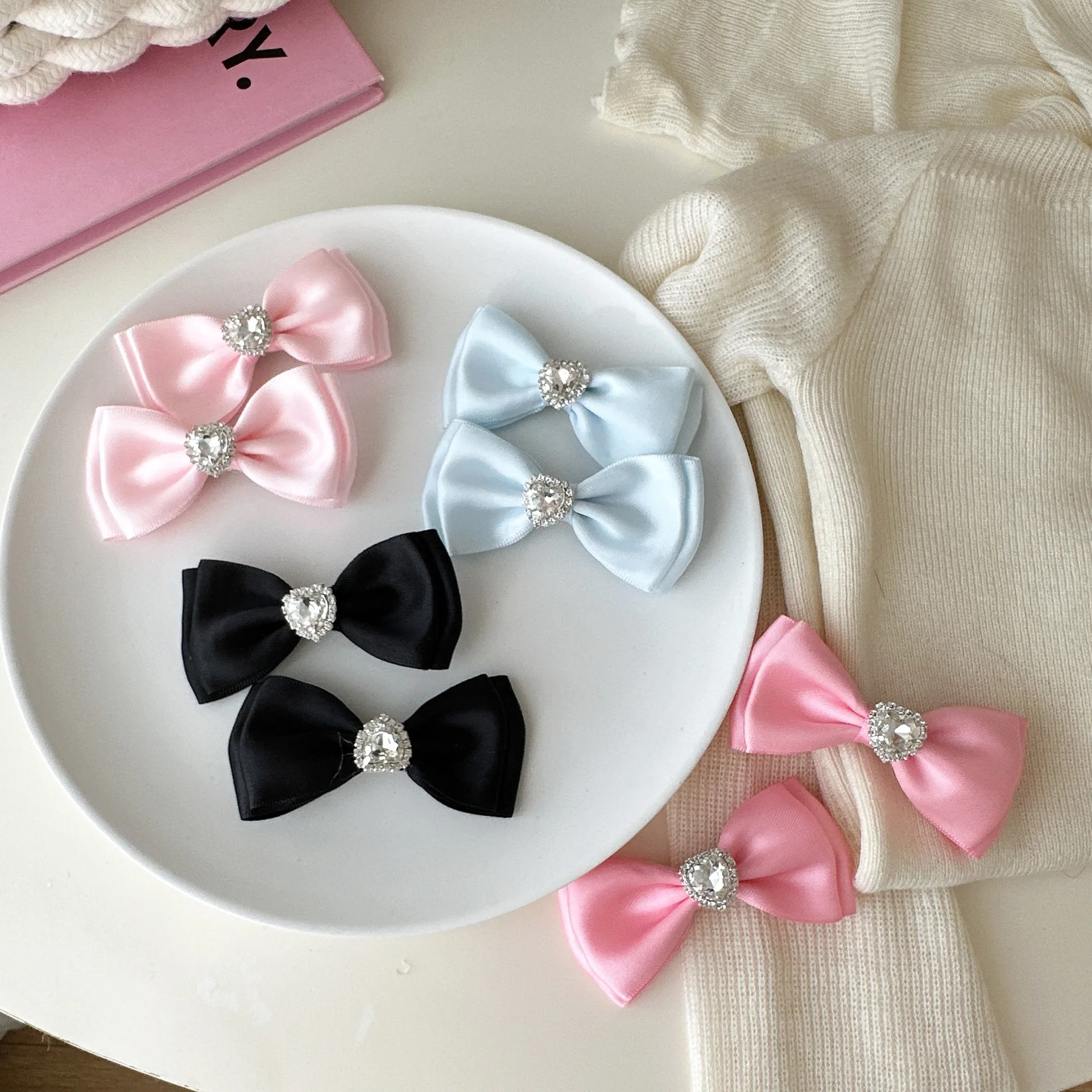 Satin Heart Rhinestone Bow Hair Clip Duck Bill for Bangs Side Fringe Cute Sweet Non Slip Strong Hold Lightweight Daily