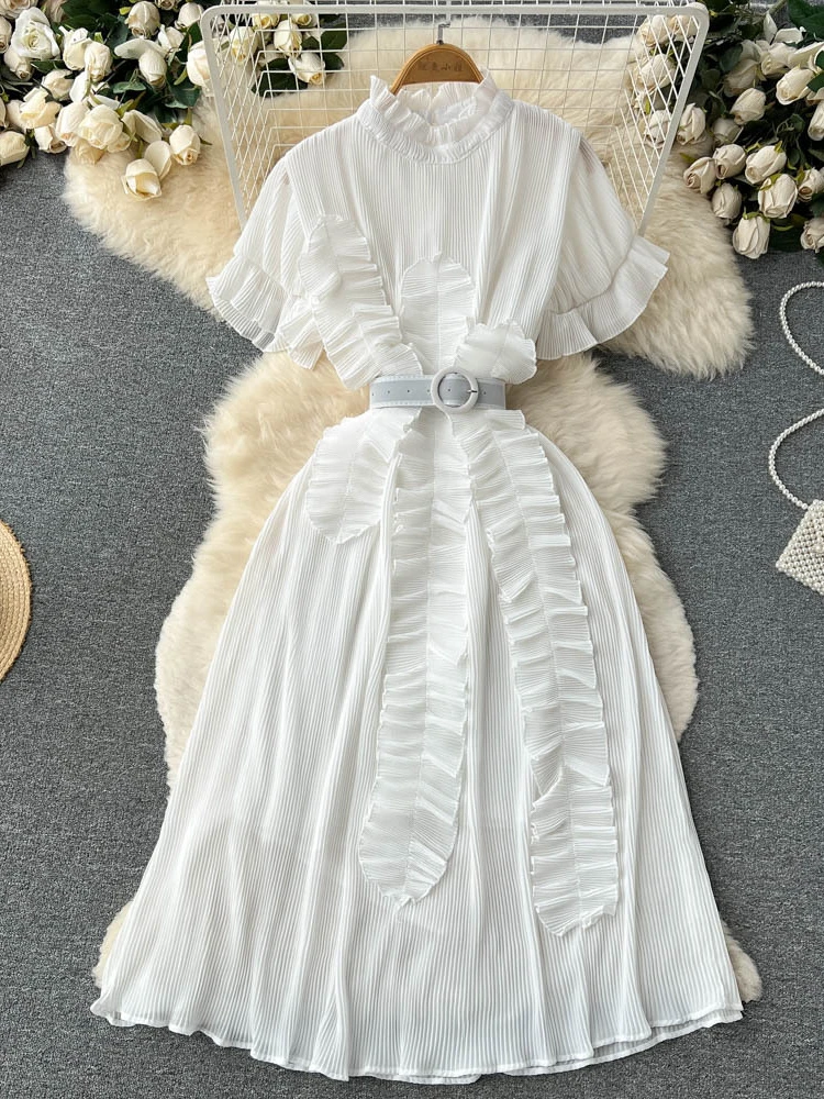 Summer Clothing for Women White/black Dress Slim  Ruffle Edge Short Sleeved Fold with Belt Office Ladies Wedding Dresses