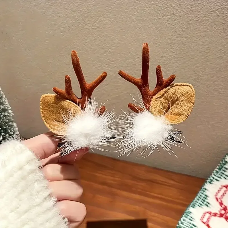 1 Pair of Adult Christmas Plush Antler Headbands - Soft Brown and White Faux Fur with Black Accents, Large Festive Party Decor