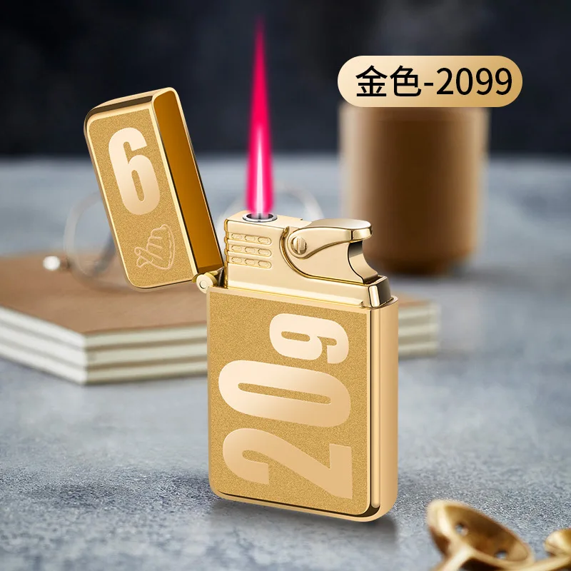 Ultra-thin Exquisite Pattern Red Flame Gas Lighter Metal Material Windproof Direct Injection Red Flame Cigarette Lighter