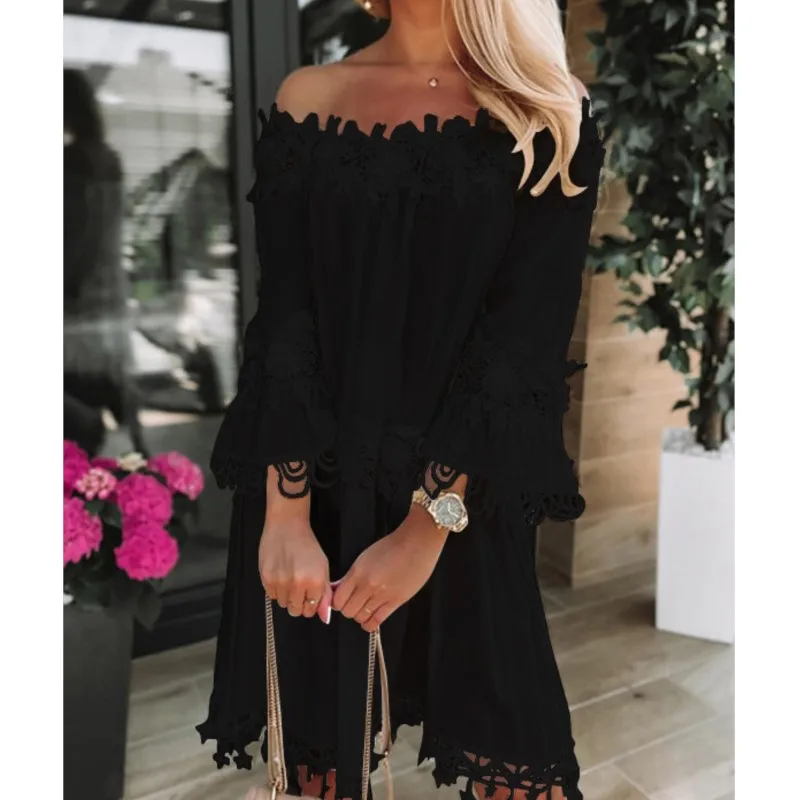 Seksowna sukienka midi z wyciętymi kwiatami i aplikacjami w gwiazdki Biało-czarna koronkowa sukienka z odkrytymi ramionami i rozszerzanymi rękawami w jednolitym kolorze Sukienka damska Vestidos