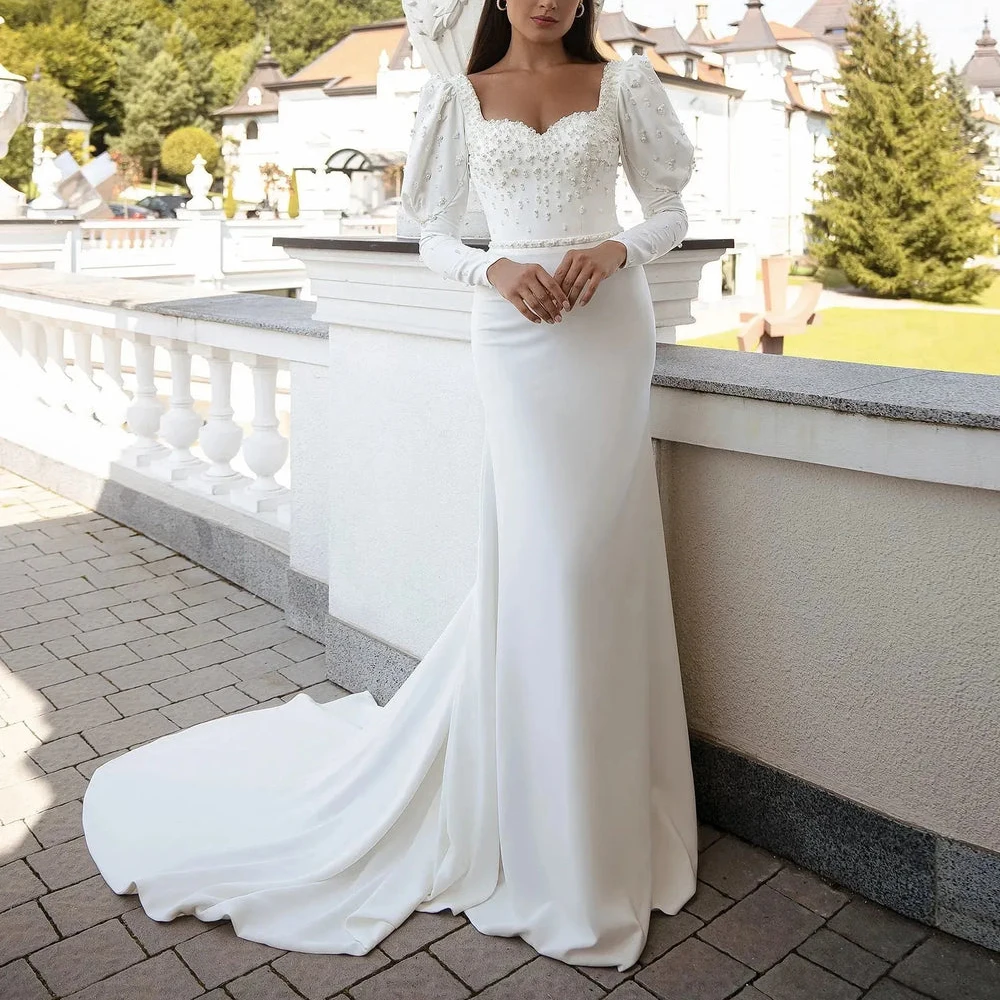 فساتين زفاف حورية البحر لؤلؤ مخصصة 2025 فتحة رقبة مربعة بدون ظهر فستان زفاف على شكل قلب كم كامل رداء de mariage