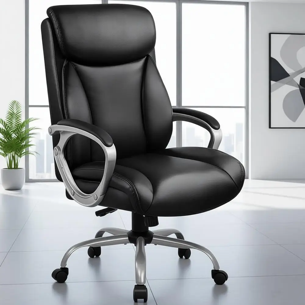 

Эргономичное офисное кресло из искусственной кожи с регулируемой высотой, мягкими подлокотниками, поворотным механизмом и откидной спинкой