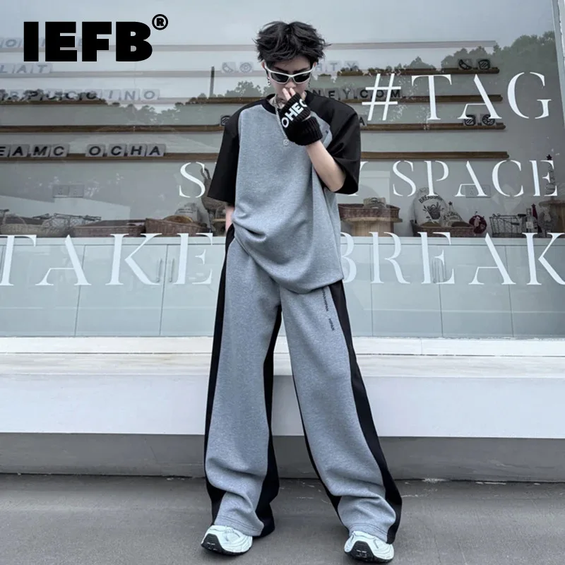

IEFB Men Two-piece Suit Patchwork Letter Short Sleeve T-shirt Straight Sweatpants Contrast Color Men's Set 2024 Summer 28W3294