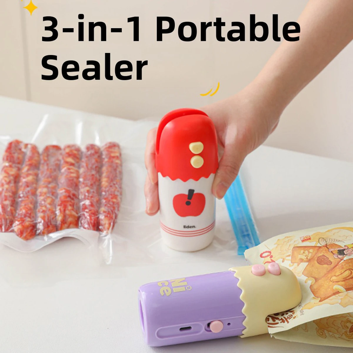 

3-в-1 мини-машина для запечатывания пакетов, упаковка пакетов, пластиковый упаковщик для пищевых продуктов, зажим для пакетов, ручной упаковщик, упаковщик для пищевых продуктов