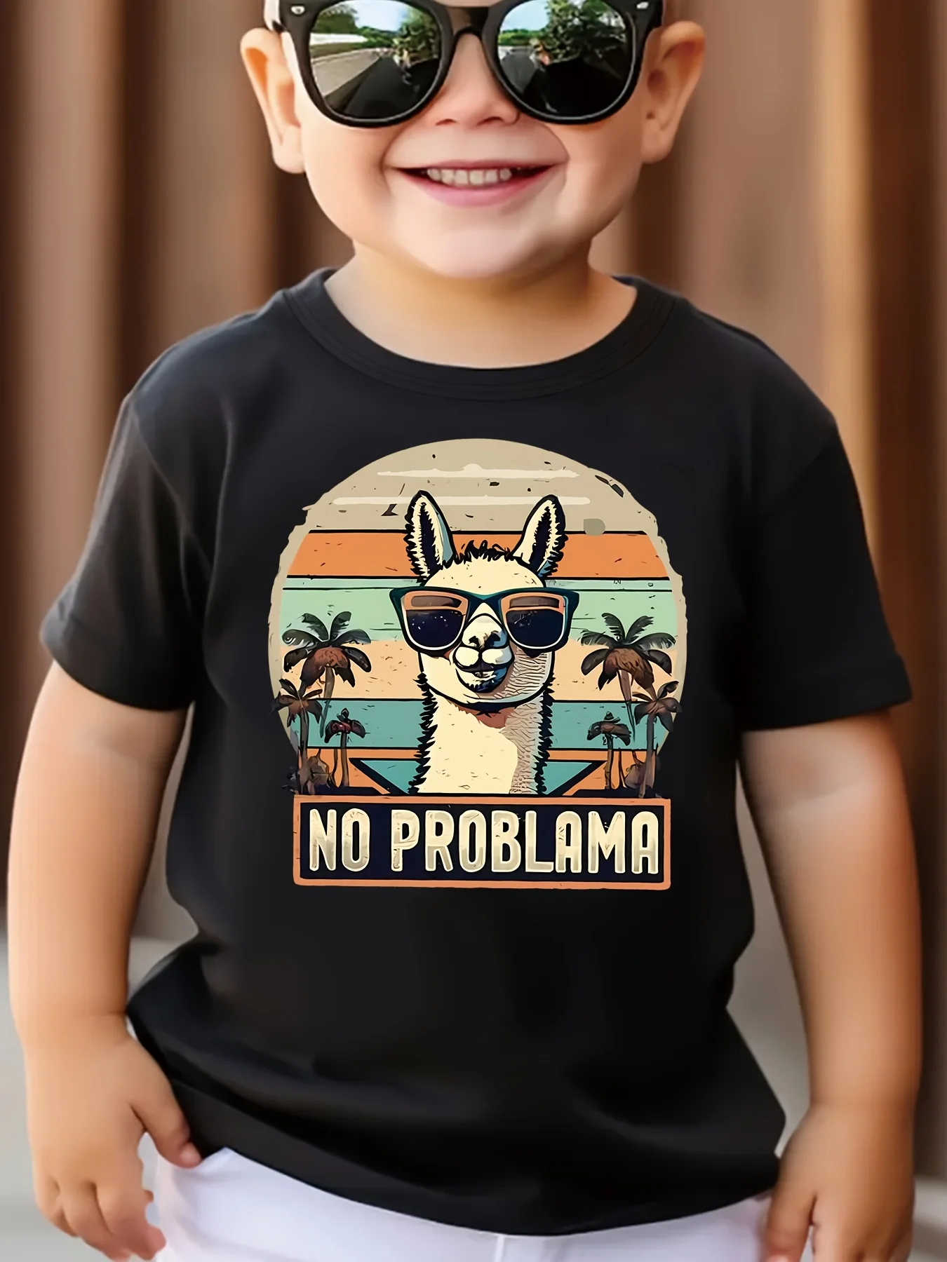 Boys Summer Cute‑Llama‑Alpaca‑Carefree‑Print Trendy Casual Crew‑Neck Short‑Sleeve T‑Shirt For Daily Outdoor Wear