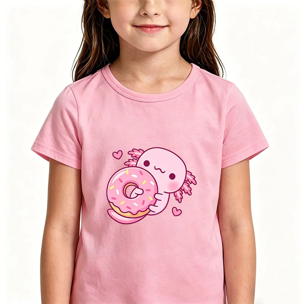 

Cute Pink Axolotl Children's T-shirt Cartoon Print 100 %Cotton Tees Streetwear Boys Girls Short Sleeve Casual Kids Top Summer