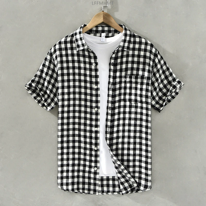 

C702 Men's Plaid Shirts Summer Fashion Short Sleeve Classical Premium Blouse With Pocket Teens Breathable Thin Casual Loose Tops