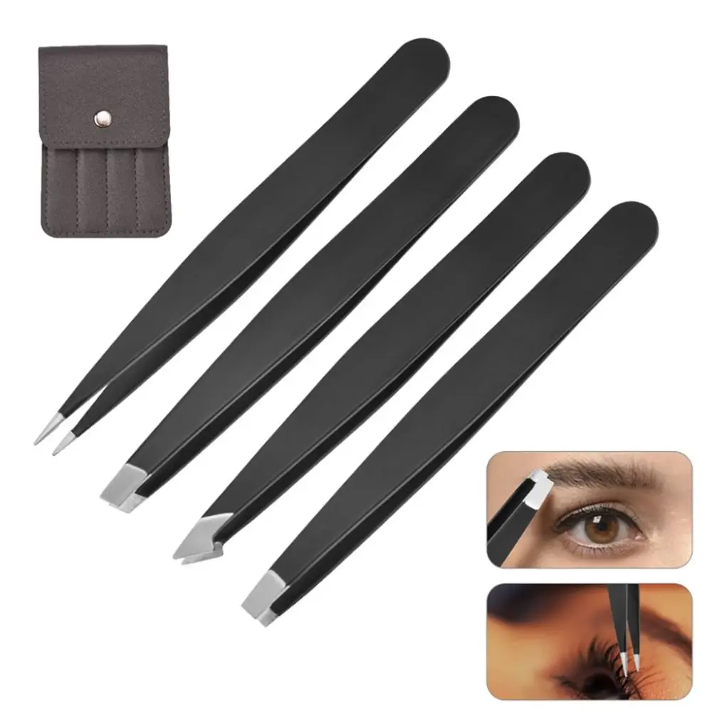 Stainless Steel 4 Piece Professional Eyebrow Trimming Clip Beauty Tools Stick False Eyelashes Tweezers Set