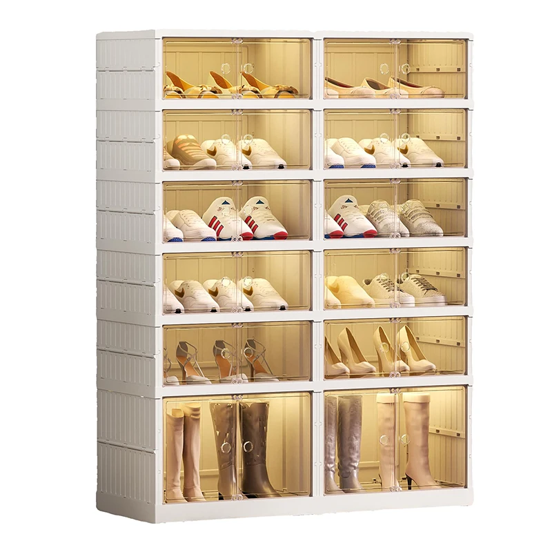 

White Plastic Foldable Shoe Cabinet Double-Row Boot Organizer With Clear Display For Home Entryway Storage