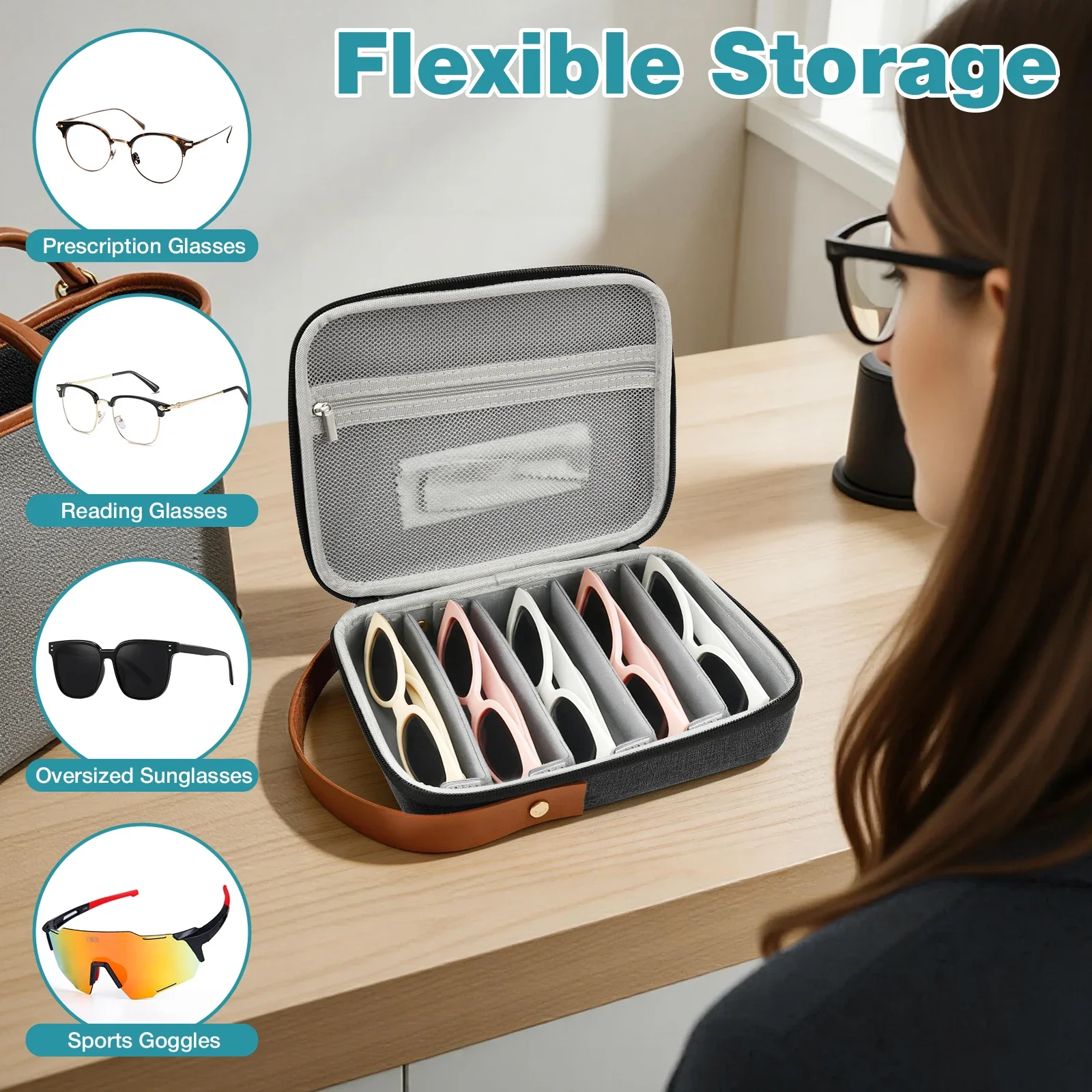 5 Slot Sunglasses Travel Case Portable Glasses Storage Box with Adjustable Slot Hard Shell Eyeglasses Case Sunglasses Organizer