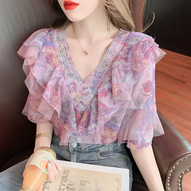 

Sweet ruffled chiffon shirt women's Korean summer dress 2023 new design sense of western style and thin floral shirt