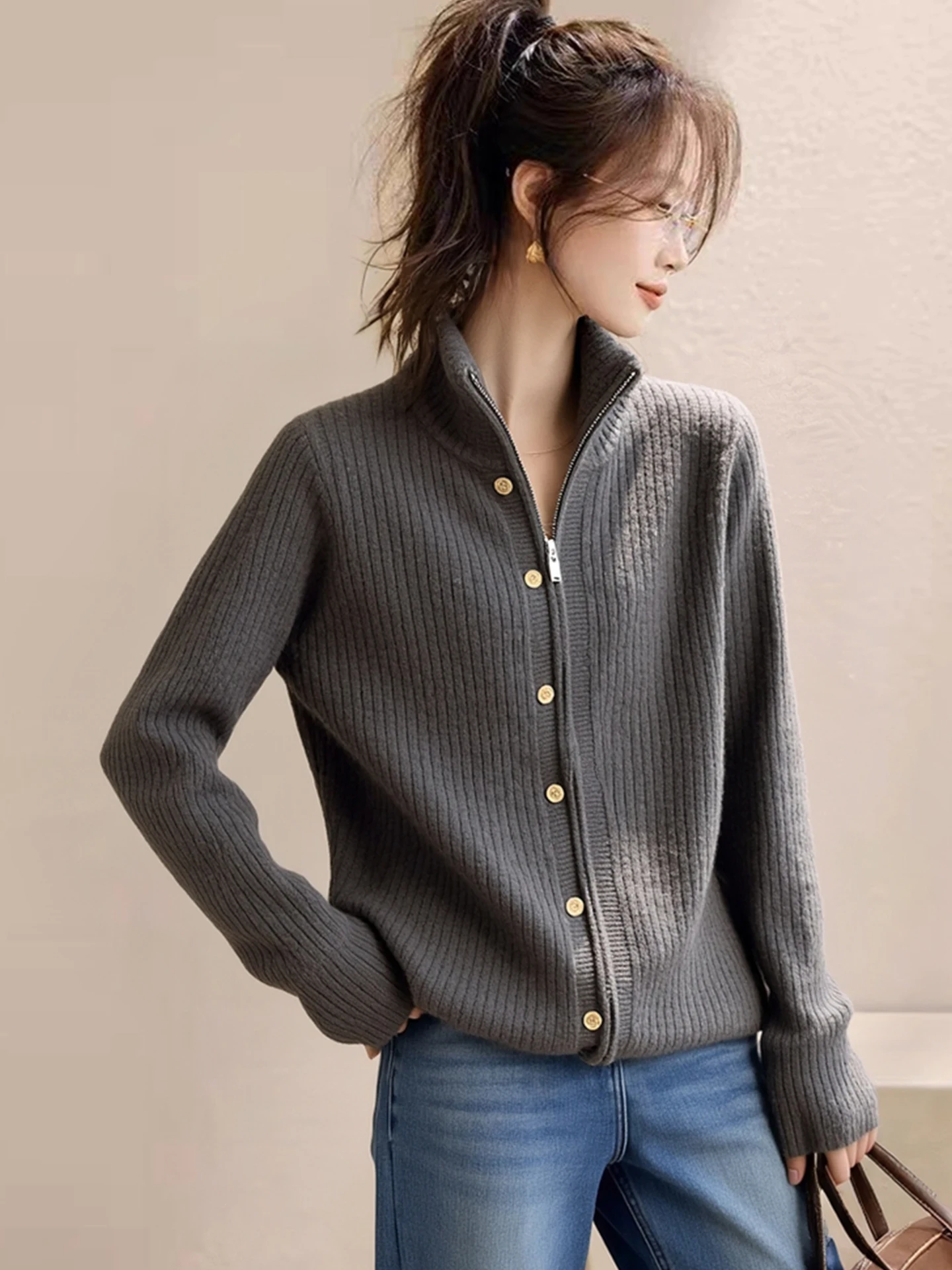 الشتاء الكورية Sle سترة مشغولة من الصوف سستة طويلة Sve ey الراقية تخفيف المرأة Faion Ele ملابس خارجية #2