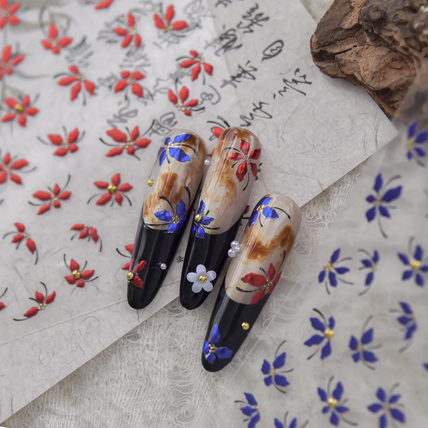 Retro Red Blue Petal Flowers French Floral 5D Nail Art Stickers Self-adhesive Nail Decoration Decals Nail Manicure Decoration