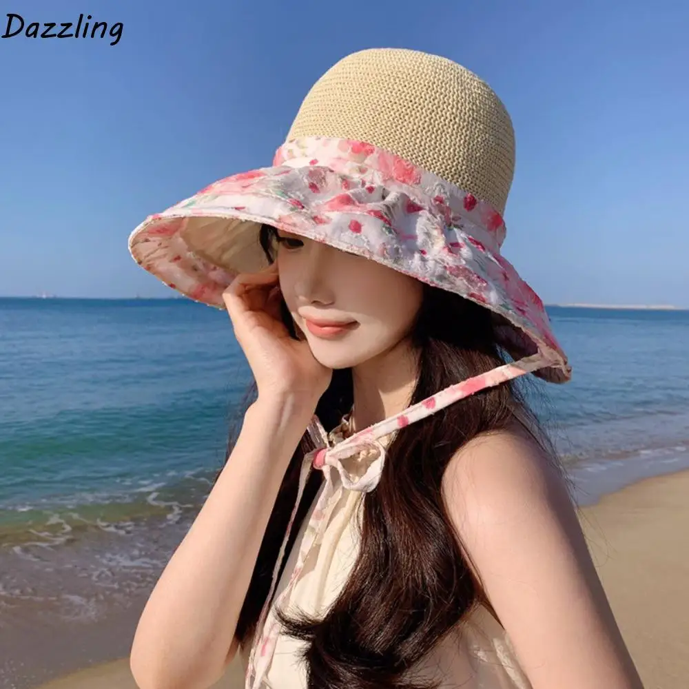

Spring Summer Straw Sun Hat French Style Big Brim Foldable Crossbody Bag Drawstring Design Sun Protection Women's Sun Hat Girls