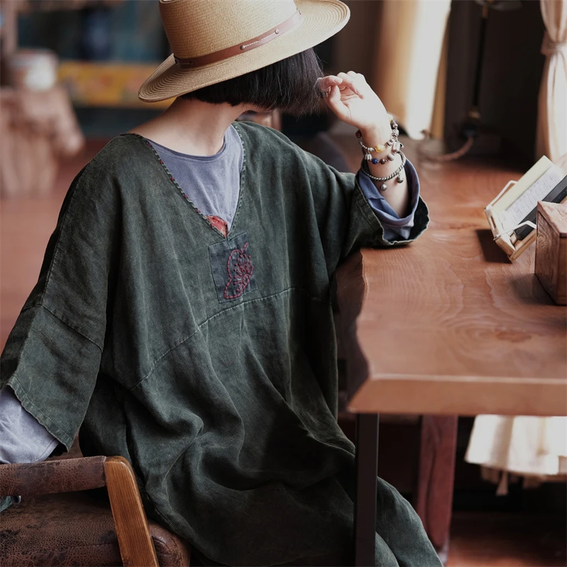 

Oversized Women Casual Dress New Arrival 2025 Summer Vintage Style V-neck Embroidery Loose Female 100% Linen Long Dresses M681