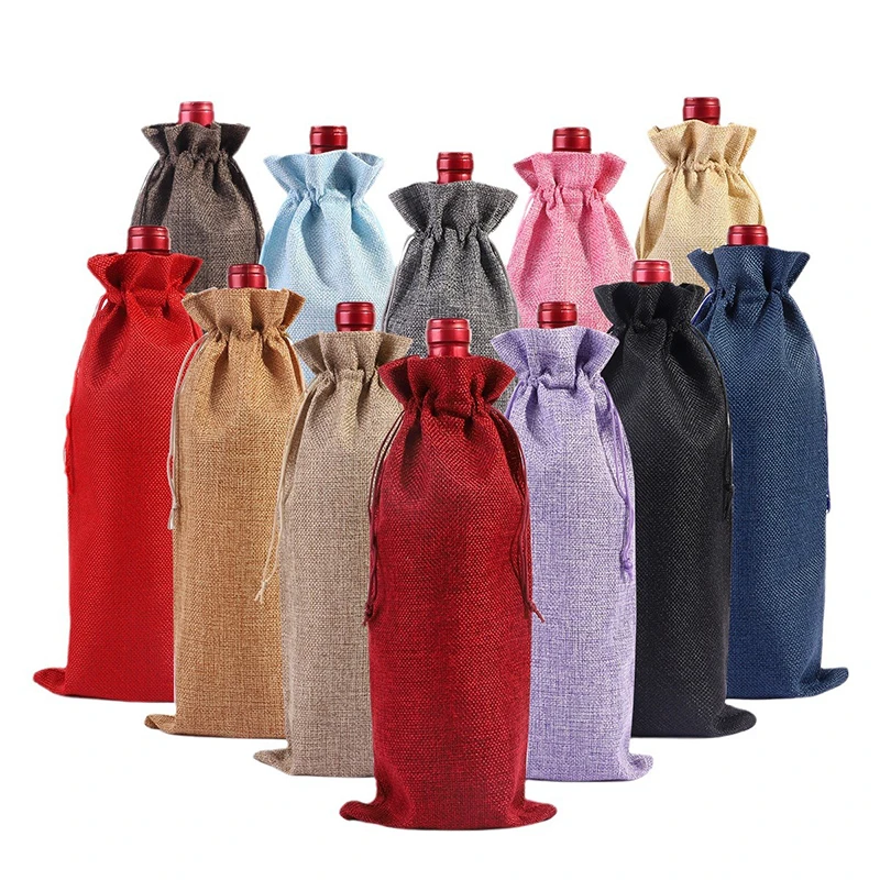 Linen Wine Bottle Bags With Drawstring Wine Bag Holder Wedding Party Decoration Wine Bags Gift Champagne Pouch