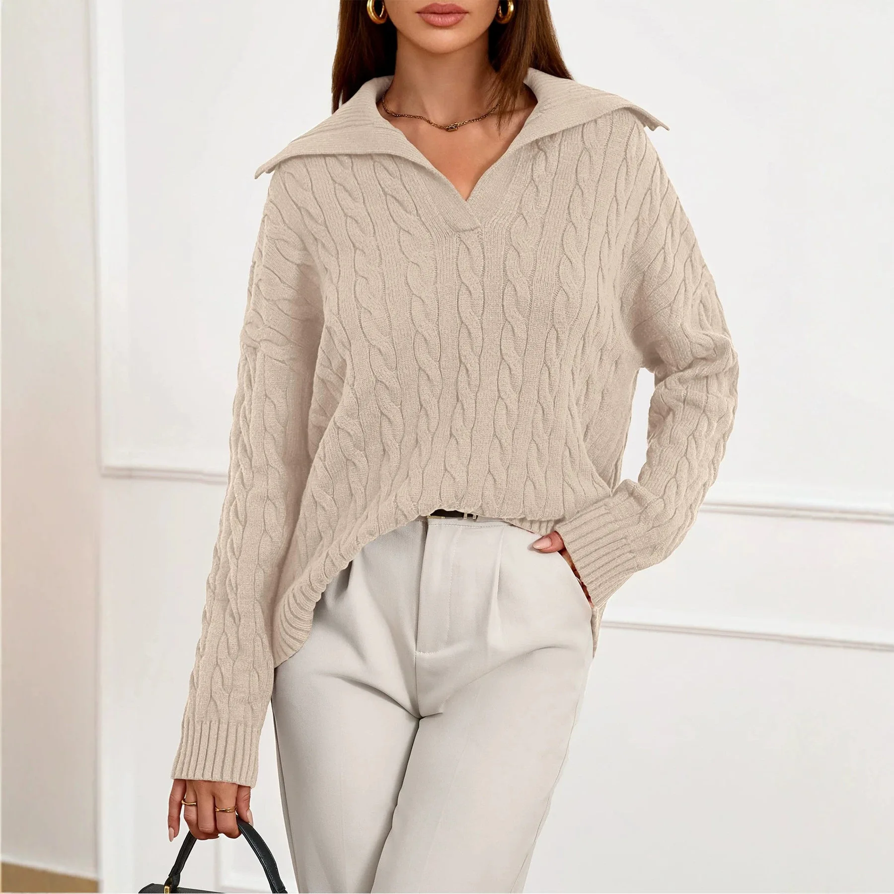 Solid Casual Pullovers Fall Outfits Warm Knitwear Soft Jumpers Womens Knit Sweaters Long Sleeve V Neck Lapel Sweater Tops