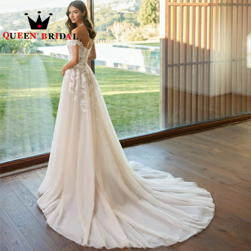 Gaun pernikahan applique renda elegan gaun pesta pengantin panjang selantai bahu terbuka gaun pengantin wanita kustom L06W