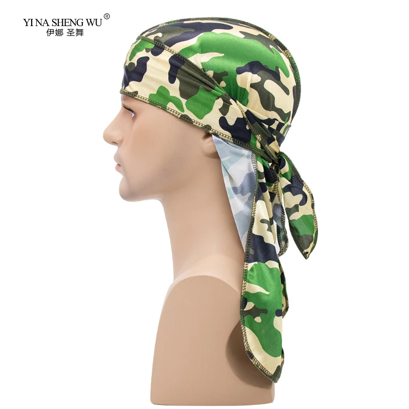 Groothandel Lange Staart Zijden Sjaal Moslim Tulband Durag Piraat Hoed Heren Hip Hop Durag Caps Camouflage Print Hoed Accessoires Bandana