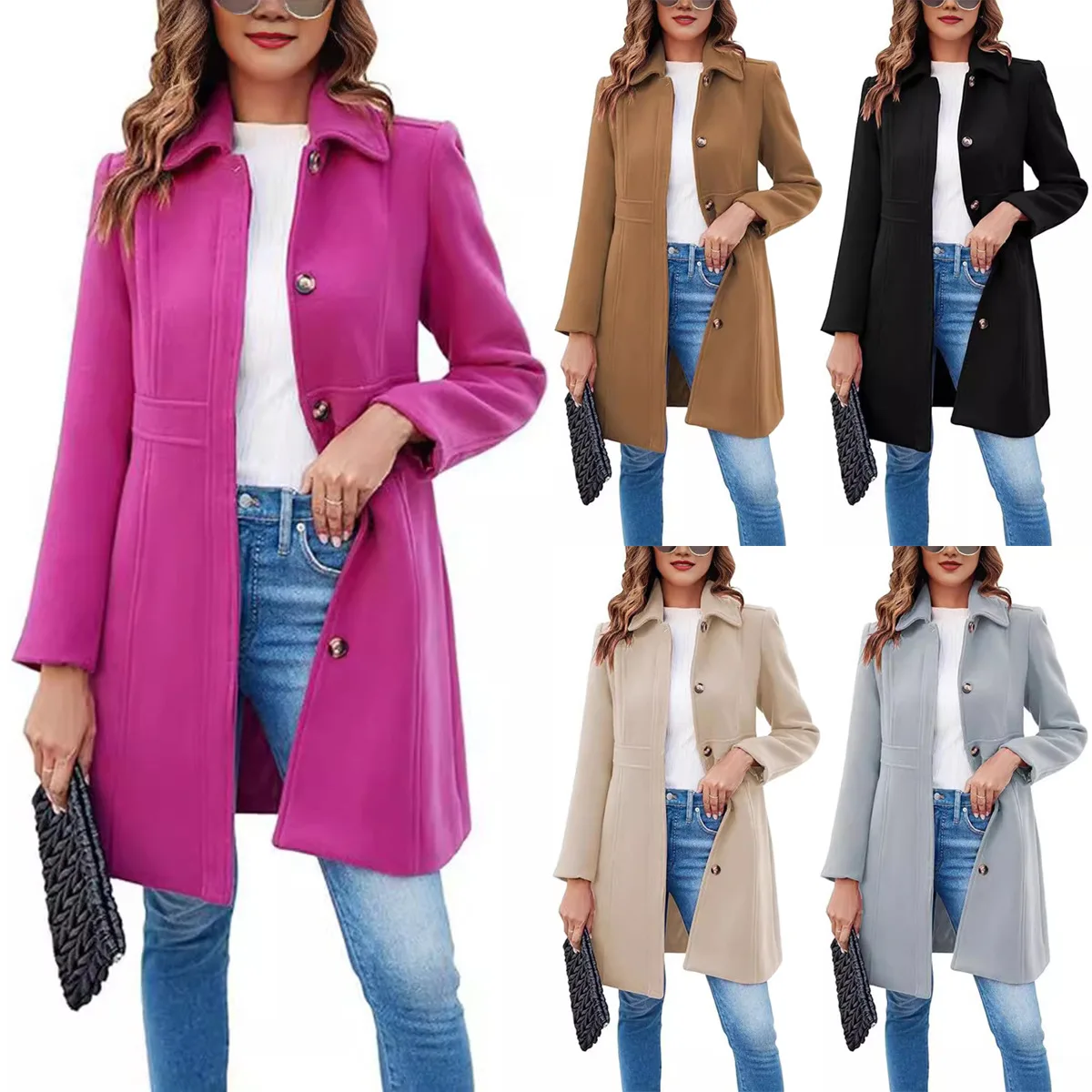 

Women's Woolen Coat Lapel Ladder Crew Medium Length Jacket Fashion Retro Slim Fit Elegant Female Office Tweed Coat Jackets