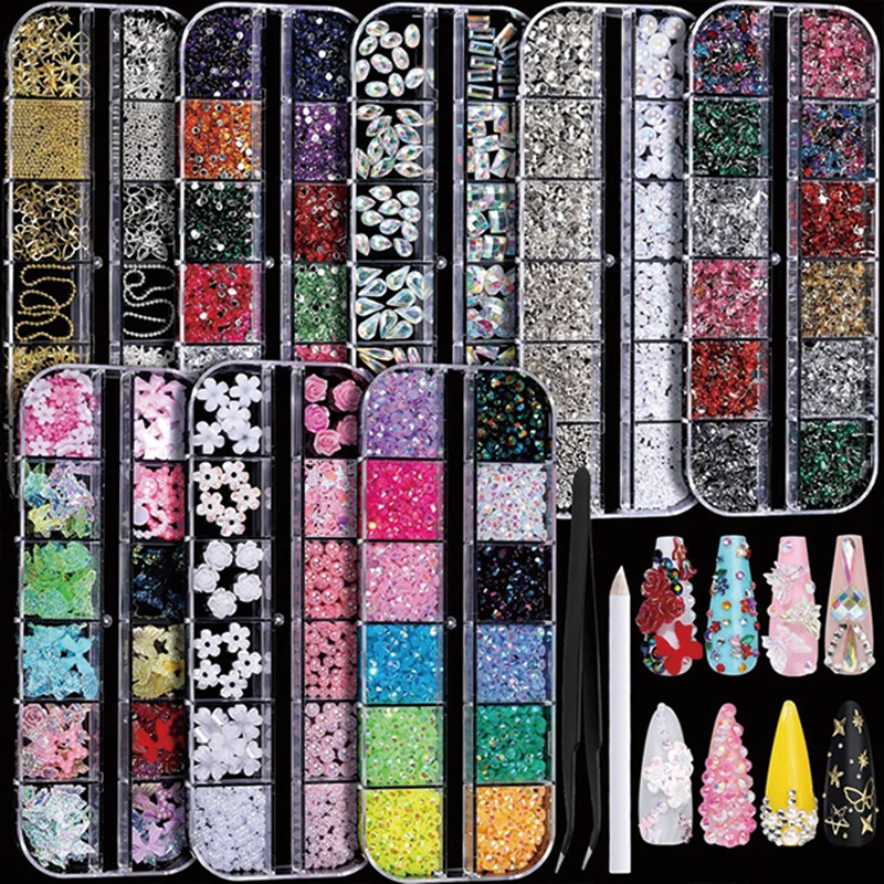 

8 Boxes Nail Rhinestone Set, 3D Nail Art Decorations, Y2K Style, Mixed Pearl & Rhinestone Combo, DIY Handmade Nail Accessories