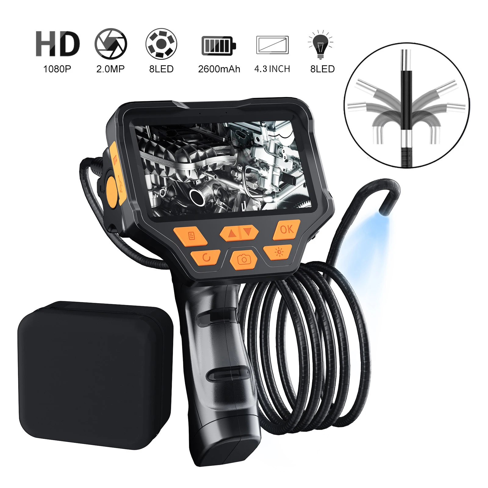 

4.3 inch Screen Industrial Endoscope Camera 180 degree Rotation Automobile Inspection Borescope HD 8mm 8 LED Endoscopic Camera