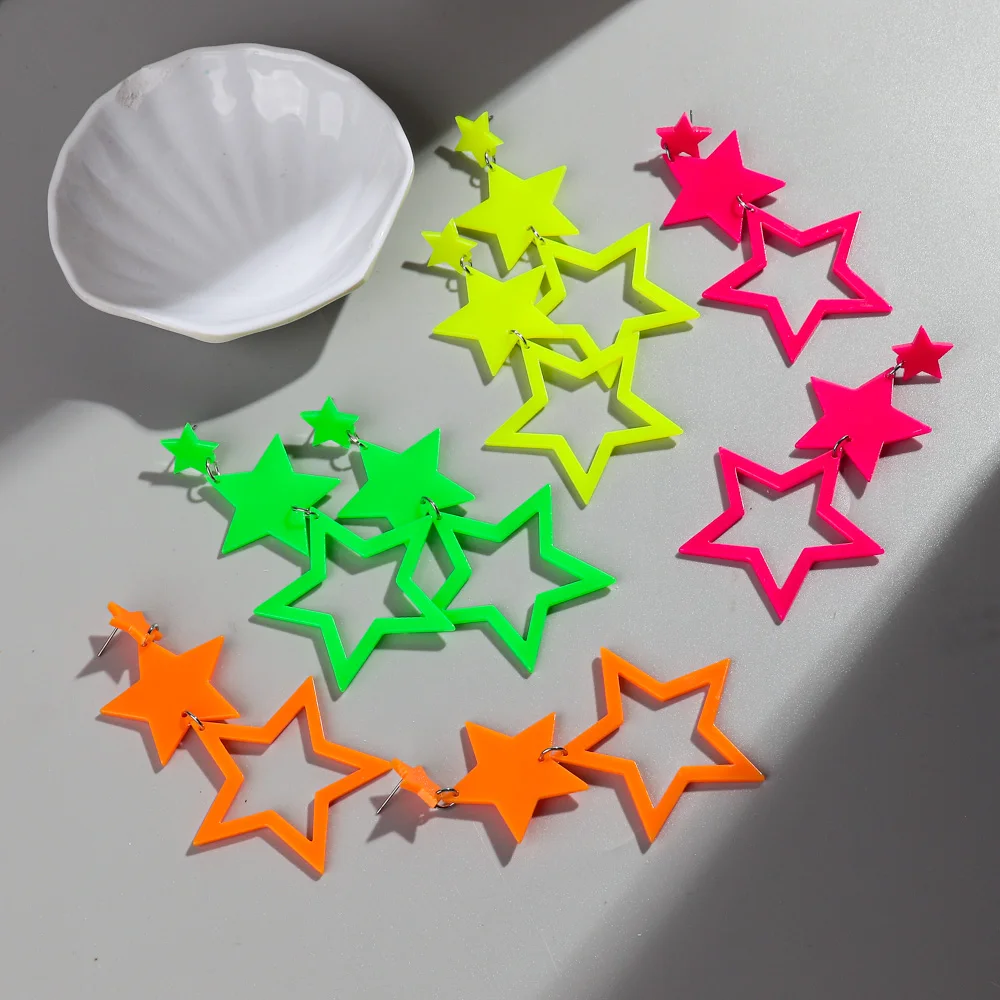 Punk Neon Color Star Acrylic Dangle Earrings For Women Hollow Geometric Pentagram Long Drop Earrings Fashion Jewelry Gifts