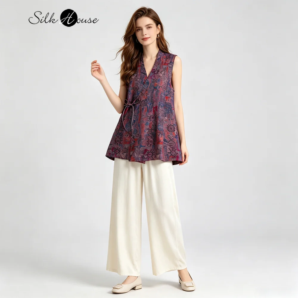 

2026 Women's Fashion Summer New 100% Natural Mulberry Silk Gambiered Guangdong Gauze Breathable V-neck Stacked Tank Top