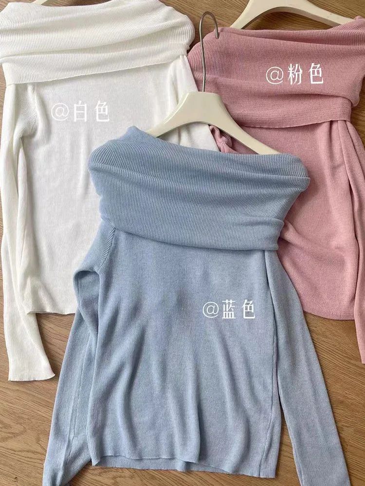 2024 Women Autumn Winter Solid Simple Off Shoulder Slash Neck Sweater French Style Loose Long Sleeve Slim Pullover Streetwear