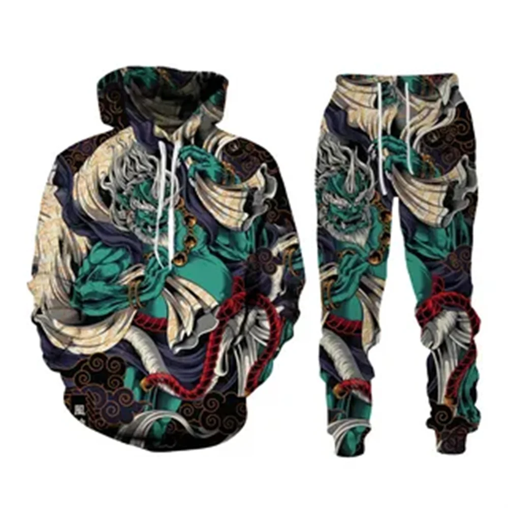 New Vintage Animal Dragon Lion Hoodie sets Men Tracksuit Y2k 3D Printed Casual Sweatshirt pants Set Hip Hop Streetwear Clothing