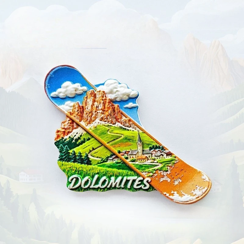 Dolomites Snowboard Fridge Magnet - Dynamic 3D Alpine Sport Souvenir Unique Italian Winter Gift for Travel & Ski Lodge Decor