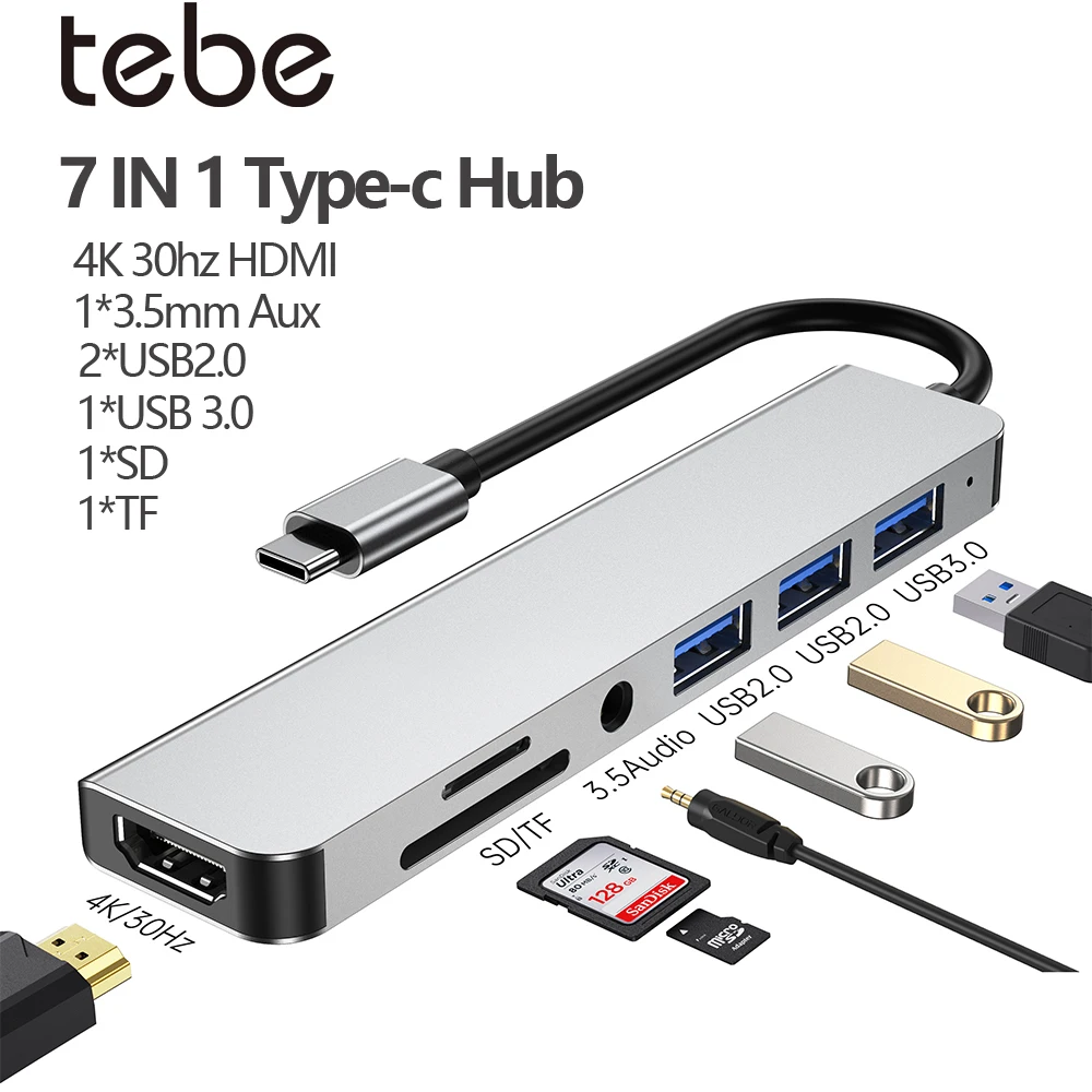 

Tebe 7 IN 1 Type-c Hub for Macbook iPad USB-C to 4K 30hz HDMI-adapter Multi USB 3.5mm Aux Audio Input Output Splitter USB C Hub