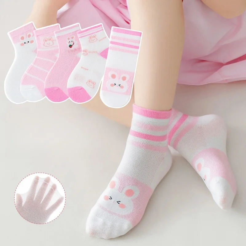 10 Pairs Children\'s Socks Summer Thin Girls Socks Breathable Mesh Cotton Socks Cute Style Mid Tube Socks