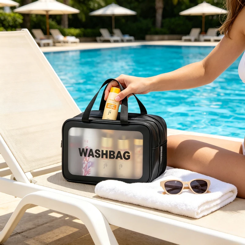 Large Capacity Waterproof Toiletry Bag Wet Dry Separation Frosted PU Double Layer Travel Makeup Wash Bag Bathroom Organizer