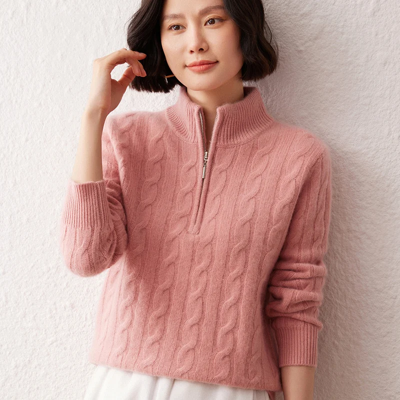 

Half zip cashmere sweater, women's half high neck knitted sweater, classic and versatile wool base sweater for autumn and winter