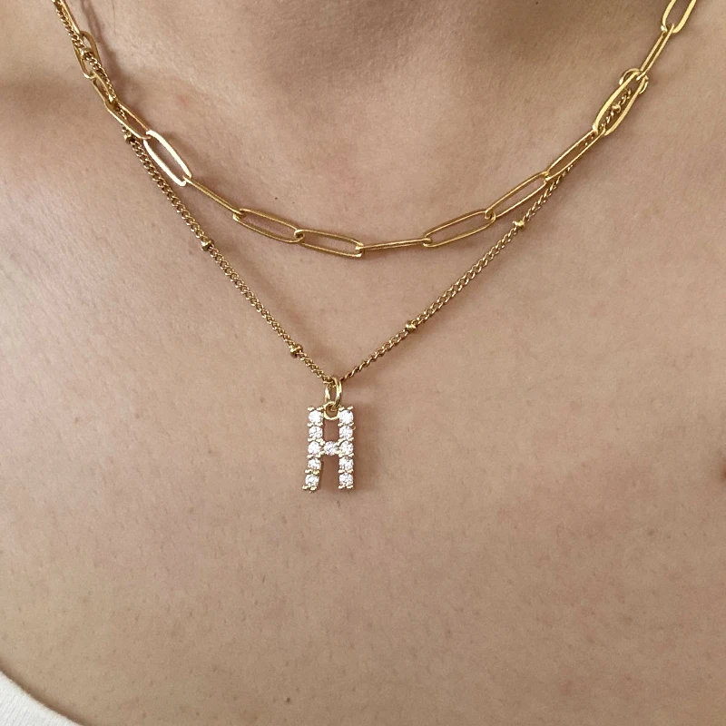 Cute Shiny Zircon Pave Capital Letter Pendant Necklace Unisex Mix Size Steel Double Chain Choker Clavicle Collars Wholesale