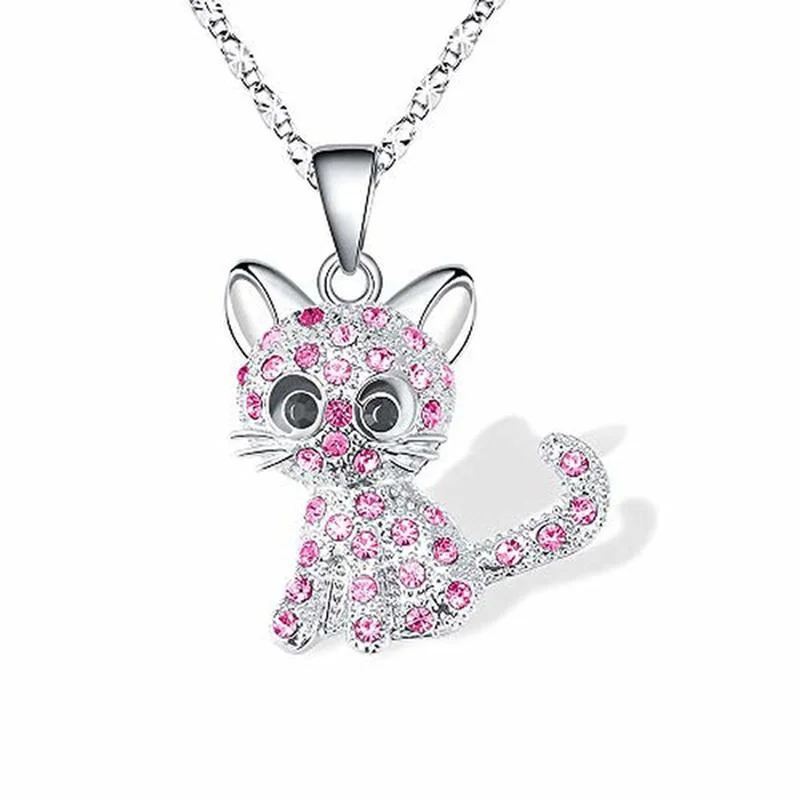 Pink Girl Cat Pendant Necklace for Women Sparkle Color Zircon Cartoon Animal Kitten Necklace Valentine\'s Day Anniversary Gift