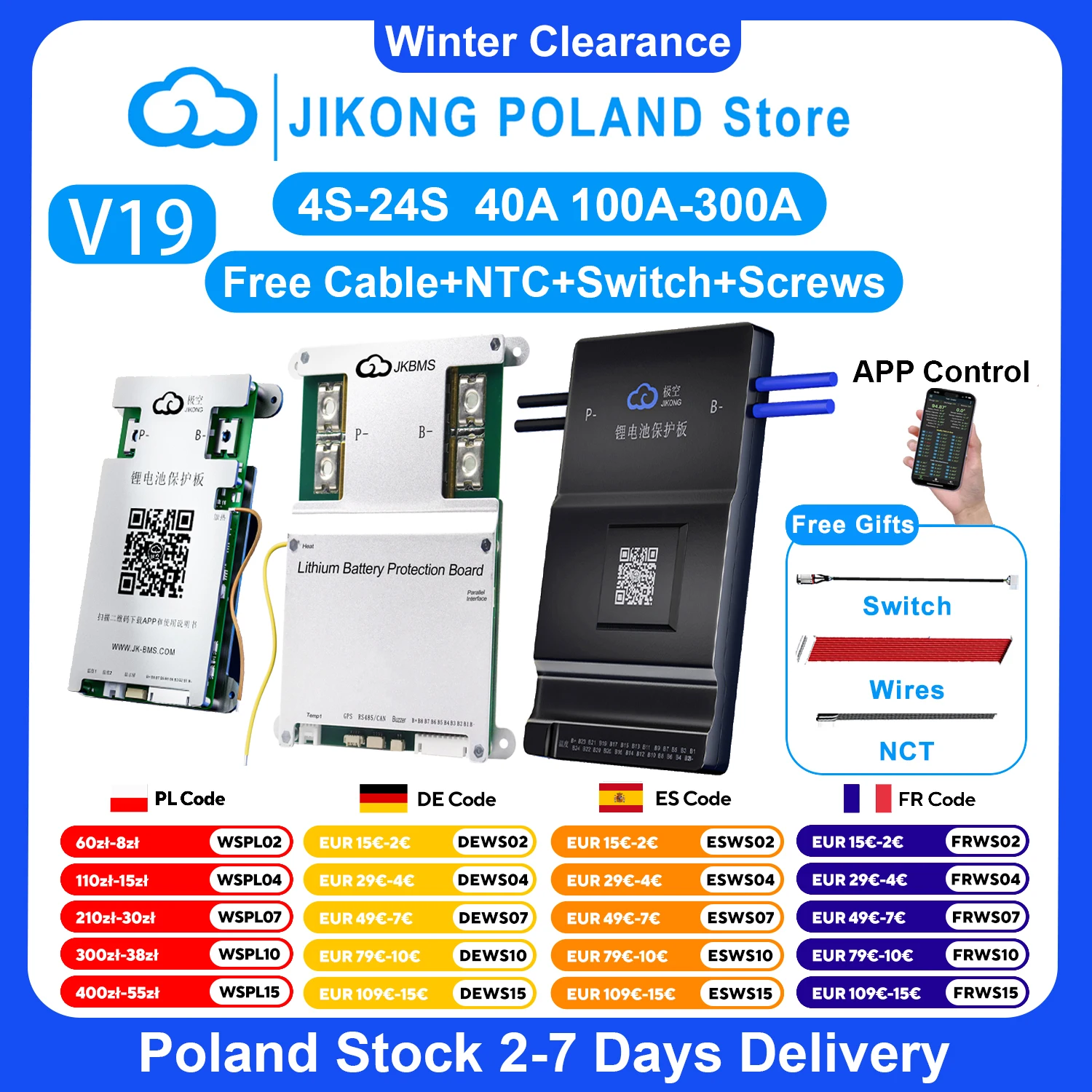 JIKONG V19 Smart BMS 4S~24S BT Display di Calore PUÒ 0.4~2A Corrente 40A 100A 200A 300A Bilanciatore Attivo per Li-Ion LiFePo4 Lto Batteria