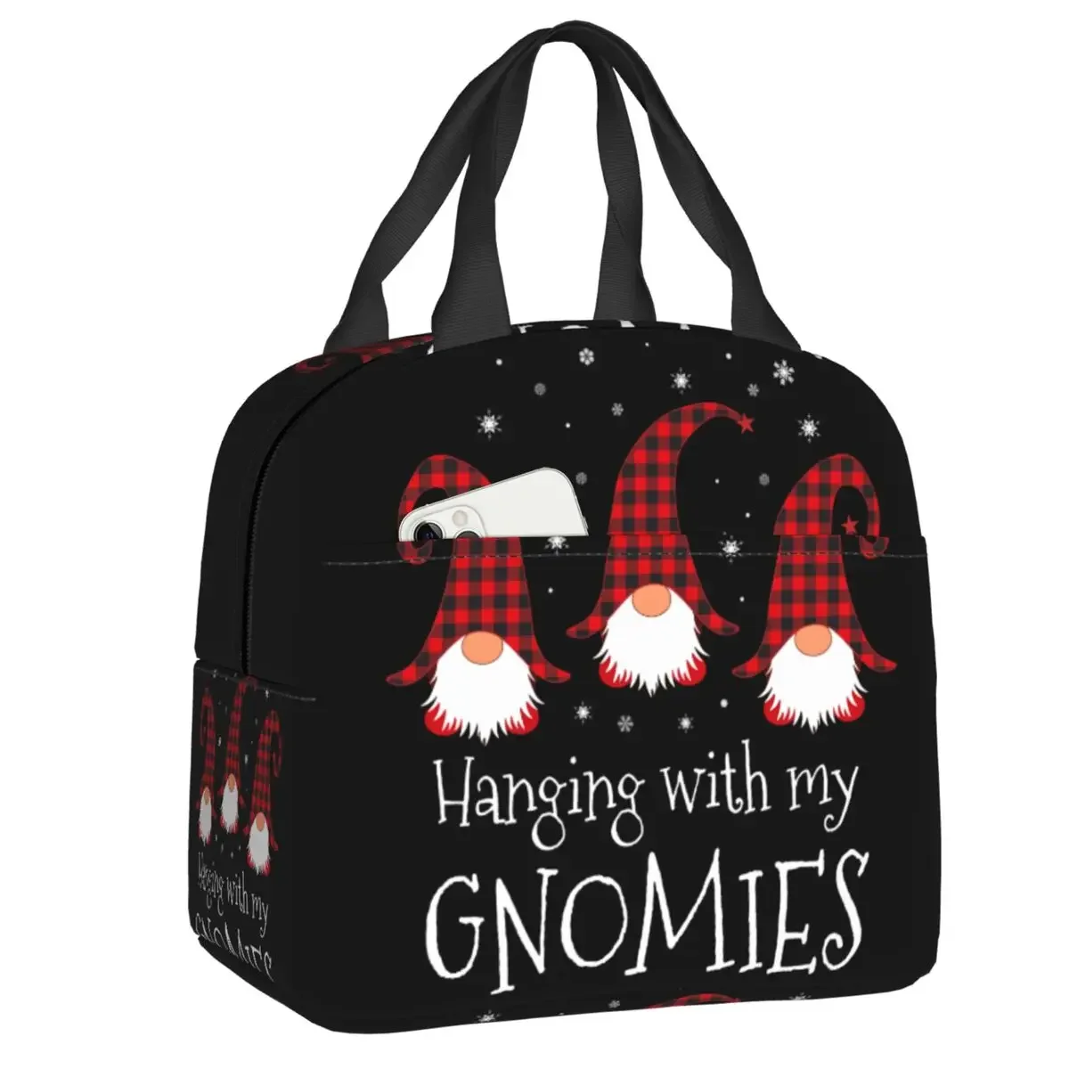 Hanging With My Gnomies Plaid Garden Christmas Gnome Insulated Lunch Bag Leakproof Cooler Thermal Lunch Tote Office Work School