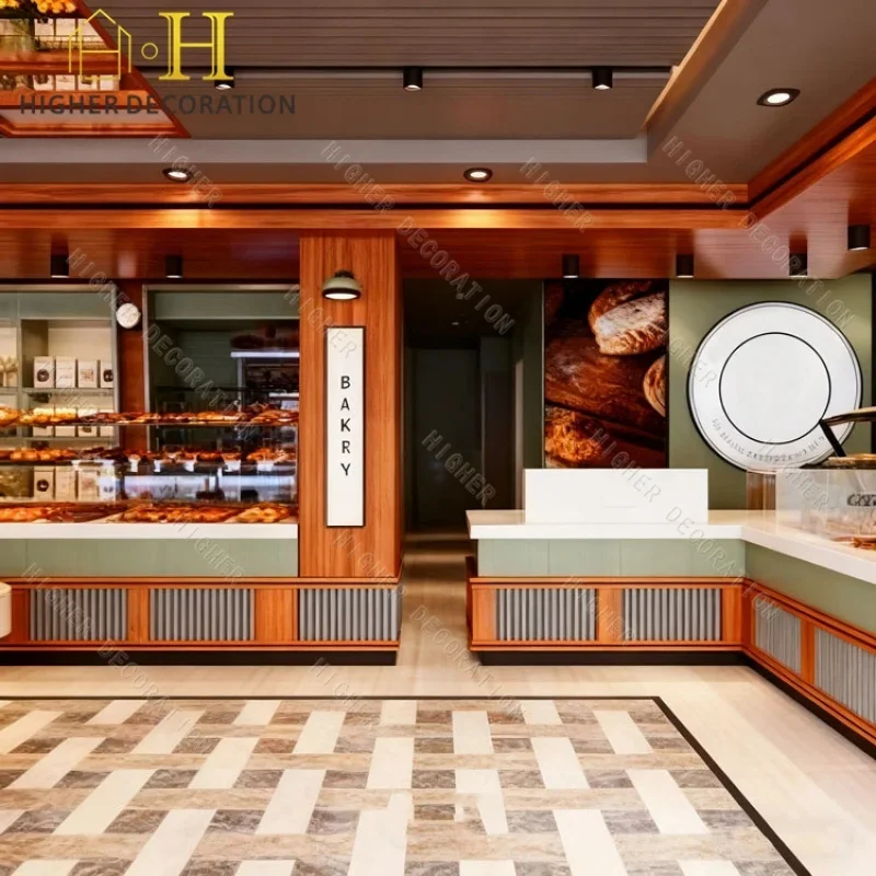 custom.Factory Price Glass Bread Display Cabinet Customized Durable Plywood Bakery Furniture Luxury Bakery Shop Interior Des