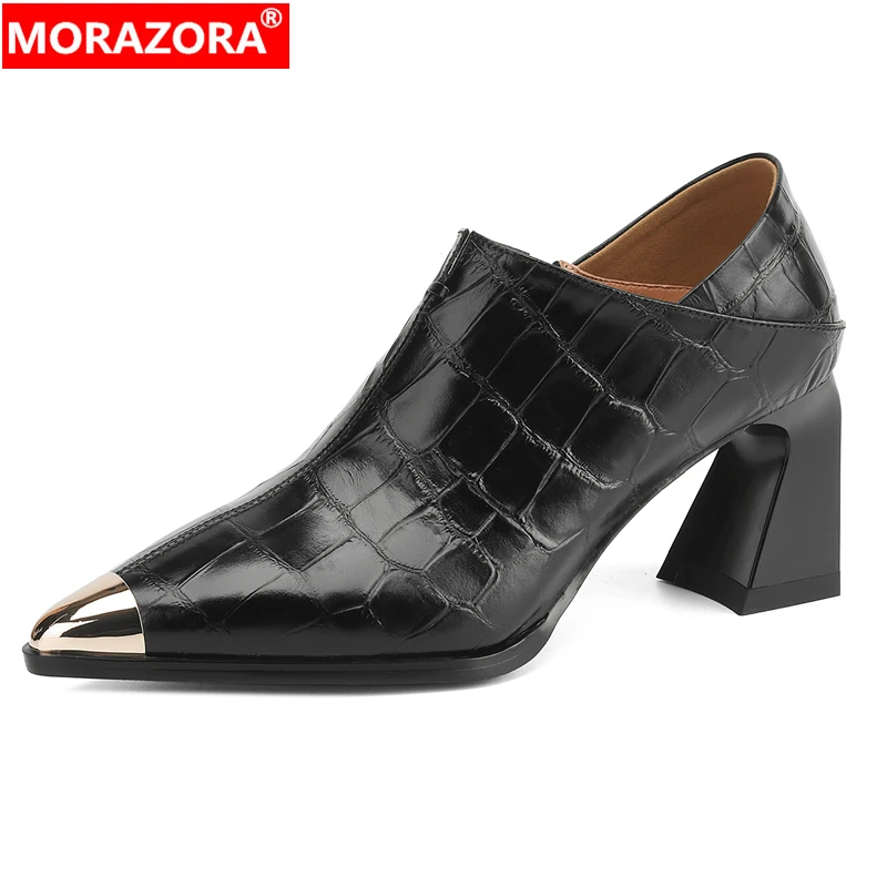 MORAZORA Genuine Leather Shoes Women Pumps Chunky High Heels Pointed Toe Spring Autumn Office Dress Shoes Female Footwear