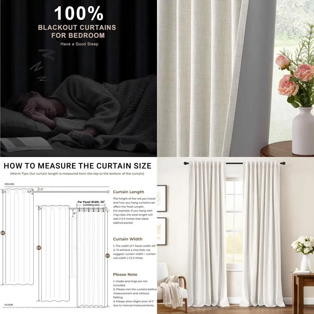 

Льняные изолированные затемняющие шторы, длина 108, комплект из 2 панелей для спальни, бежевый, W50 x L108