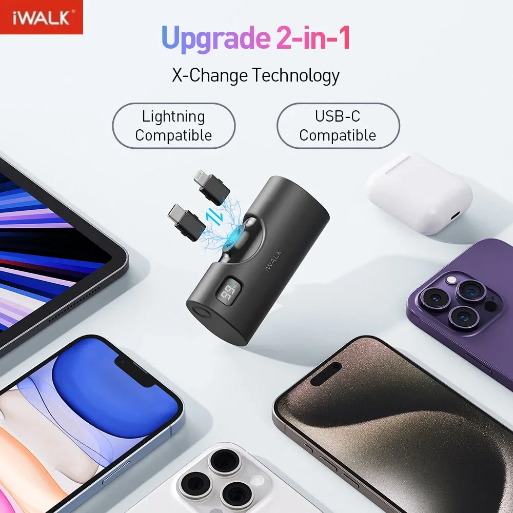 iWALK Upgrade Portable External Battery, 2-in-1, Lightning and Type-C Capsule, Mobile Power Bank, Fast Charge Powrebank