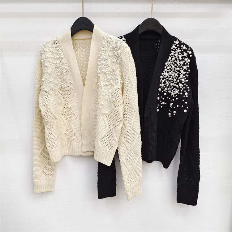 New 2023 Pearls Beading Twist Open Stitch France Vintage Retro V-neck Apricot Cardigans Korea Elegant Sweater For Women Black