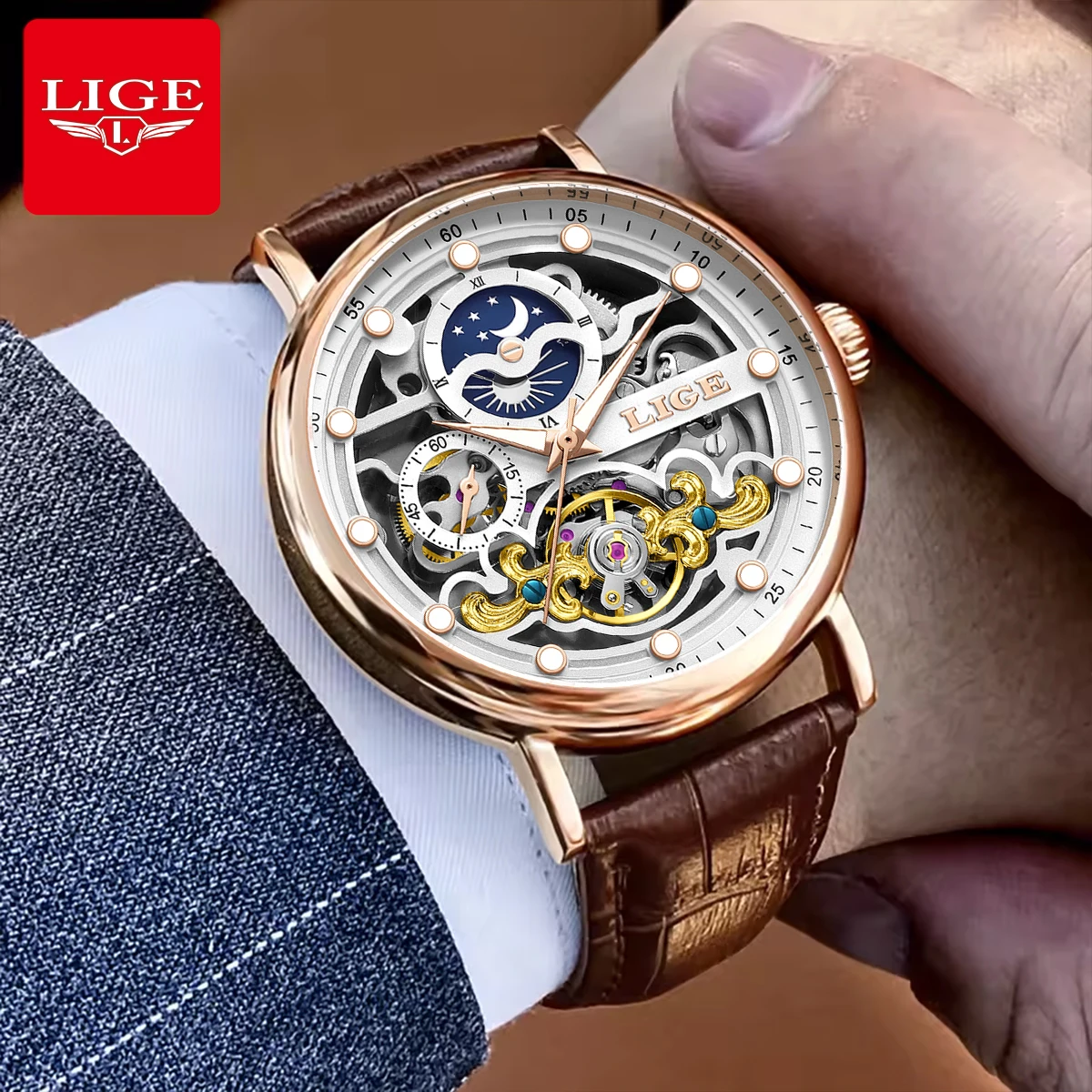 LIGE New Skeleton Watches Mechanical Automatic Watch Men Tourbillon Sport Clock Casual Business Moon Wrist Watch Relojes Hombre