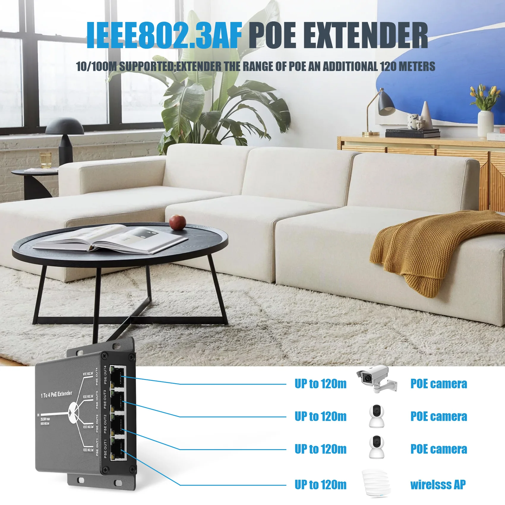 A64I 4 Port IEEE802.3Af PoE Extender for IP Camera Extend 120M Transmission Distance with 10/100Mbps LAN Ports 4 POE Extender